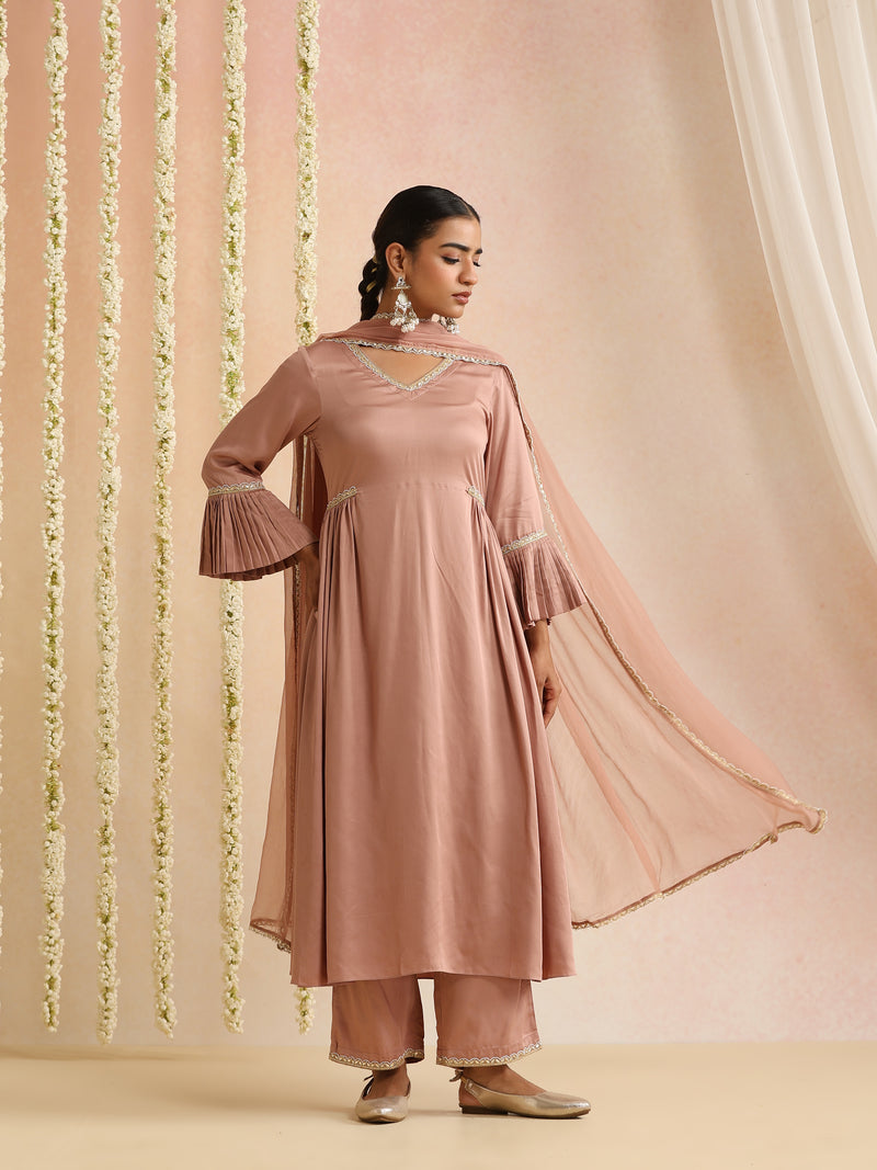 Peach & Gold Solid Kurta with Trousers & Dupatta