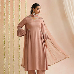 Peach & Gold Solid Kurta with Trousers & Dupatta