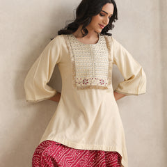 Cream Embroidered Cord Set with Bandhani Patiala