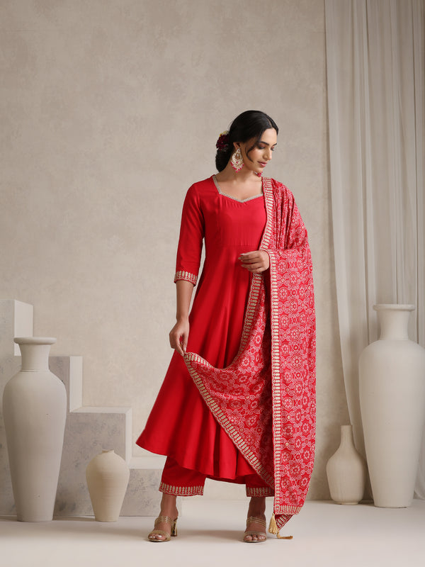 Khushal K Women Red Anarkali Zari Kurta set