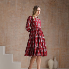 Women Floral Printed Mandarin Collar A-Line Tiered Midi Dress