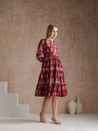 Women Floral Printed Mandarin Collar A-Line Tiered Midi Dress