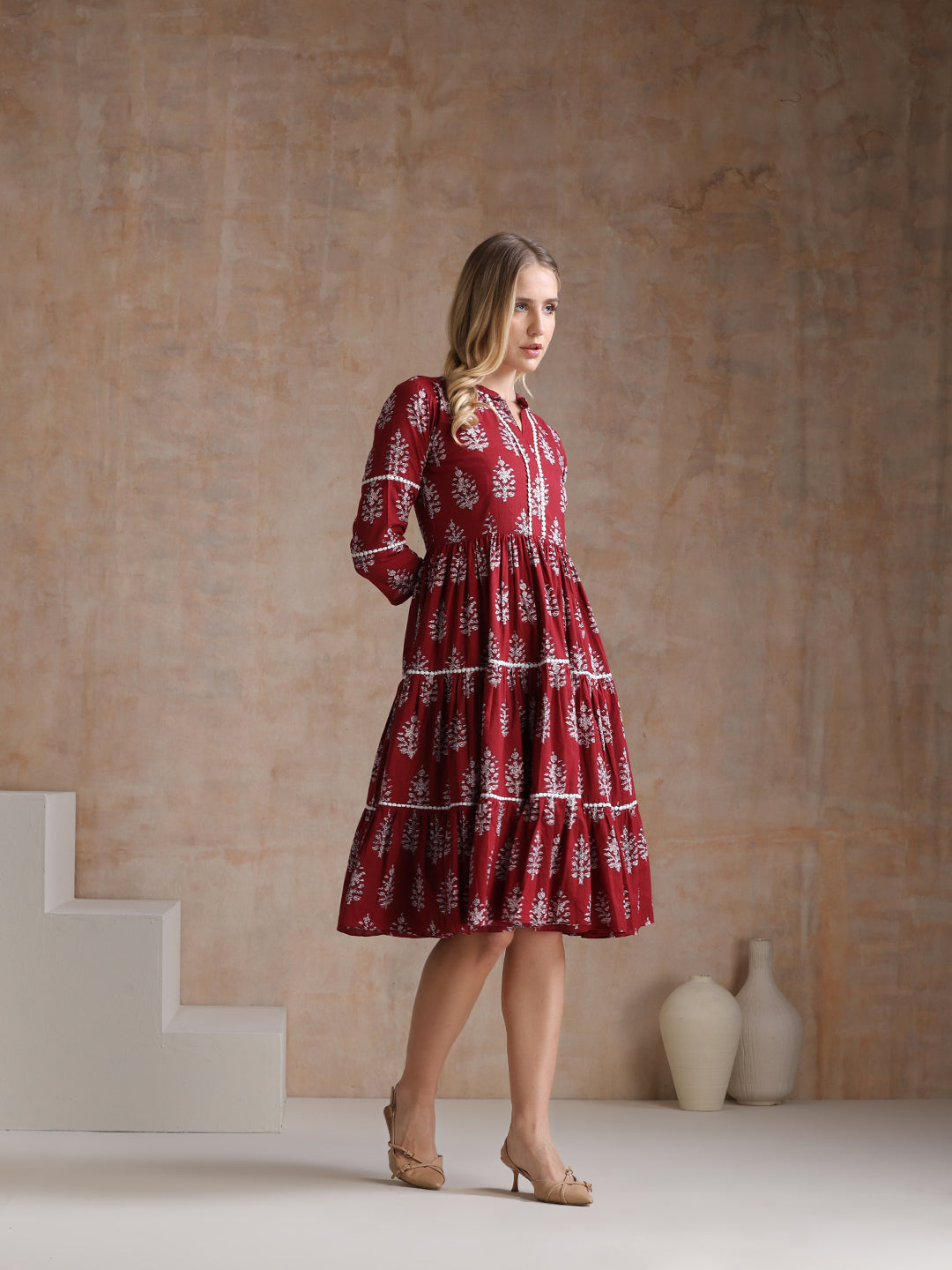 Women Floral Printed Mandarin Collar A-Line Tiered Midi Dress