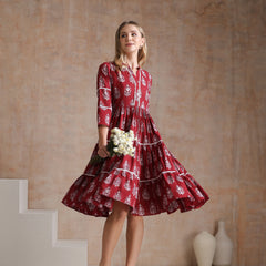 Women Floral Printed Mandarin Collar A-Line Tiered Midi Dress