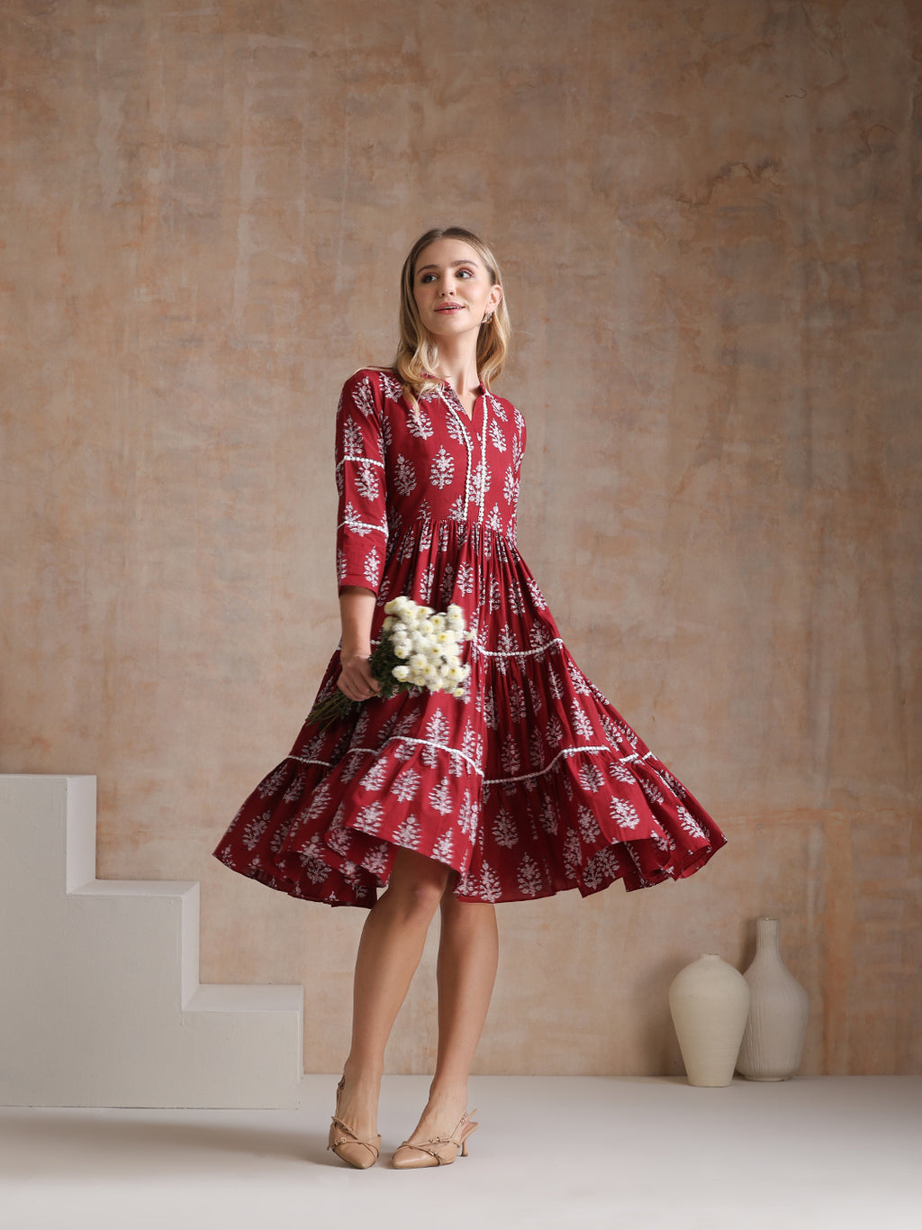 Women Floral Printed Mandarin Collar A-Line Tiered Midi Dress