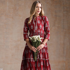Women Floral Printed Mandarin Collar A-Line Tiered Midi Dress