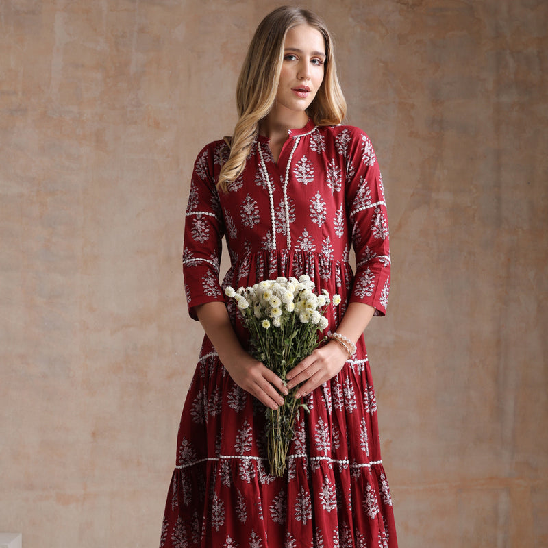 Women Floral Printed Mandarin Collar A-Line Tiered Midi Dress - Maroon - Khushal K - Image 10