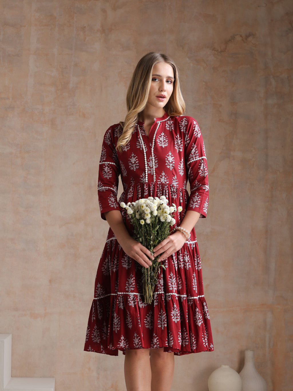 Women Floral Printed Mandarin Collar A-Line Tiered Midi Dress