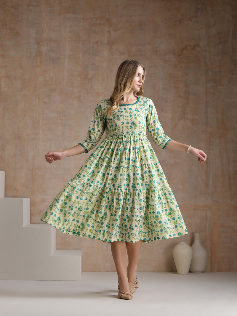 Women Floral Print Tiered Fit & Flare Midi Dress