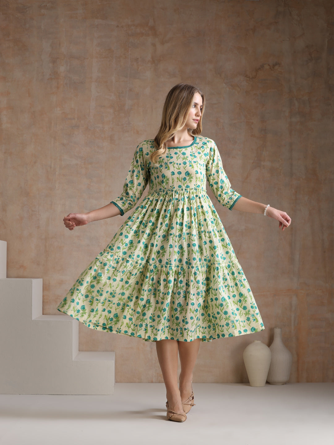 Women Floral Print Tiered Fit & Flare Midi Dress