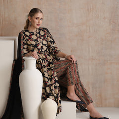 Floral Printed Mandarin Collar Pure Cotton Anarkali Kurta & Palazzos And Dupatta