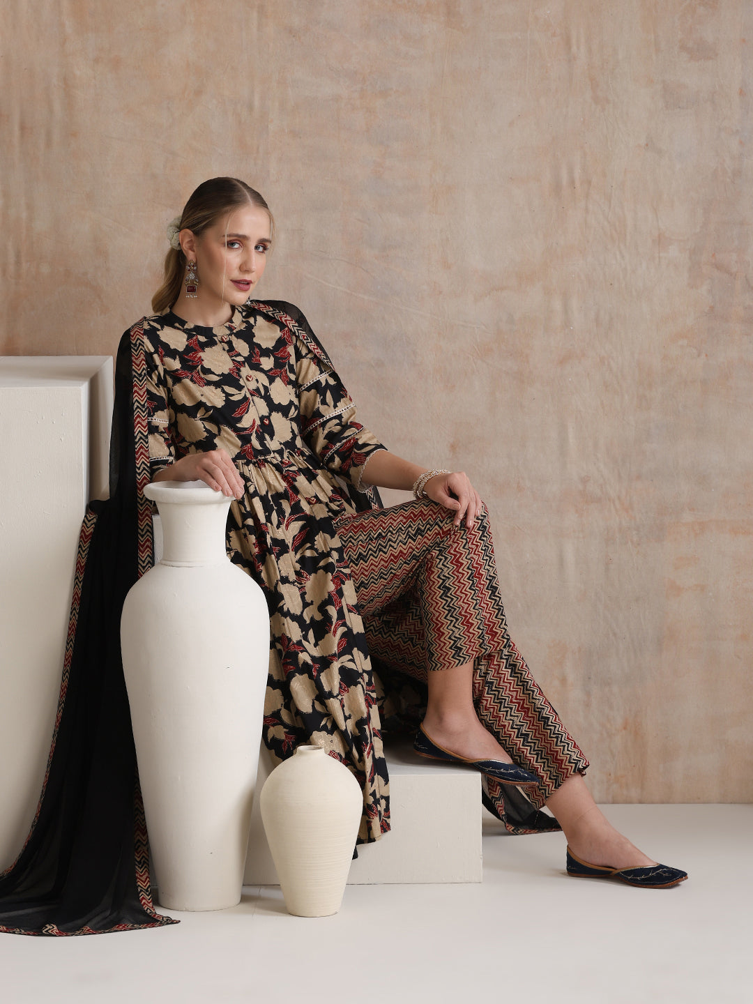 Floral Printed Mandarin Collar Pure Cotton Anarkali Kurta & Palazzos And Dupatta