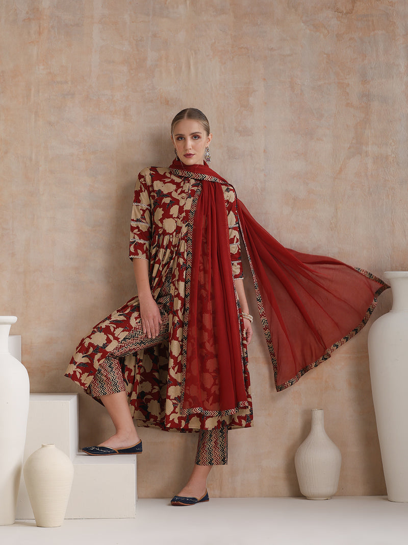 Women Floral Printed Regular Pure Cotton Kurta with Palazzos & With Dupatta