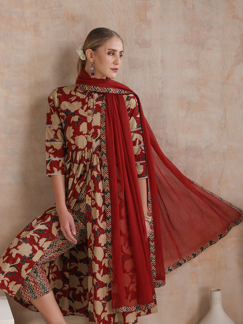 Women Floral Printed Regular Pure Cotton Kurta with Palazzos & With Dupatta