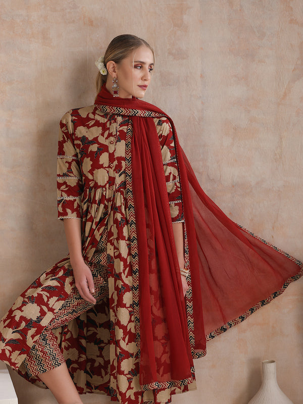 Women Floral Printed Regular Pure Cotton Kurta with Palazzos & With Dupatta