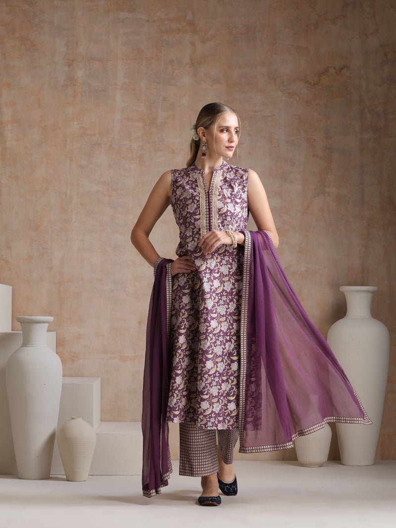 Women Floral Printed Cotton Kurta with Palazzos & Dupatta