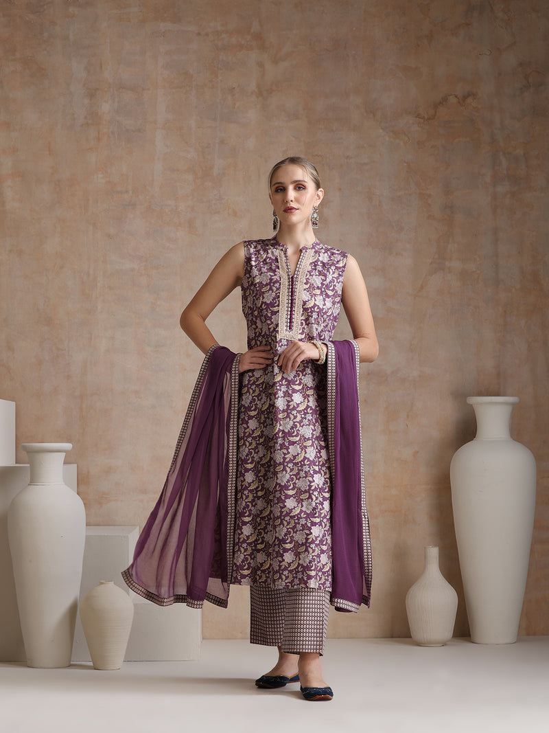 Women Floral Printed Cotton Kurta with Palazzos & Dupatta