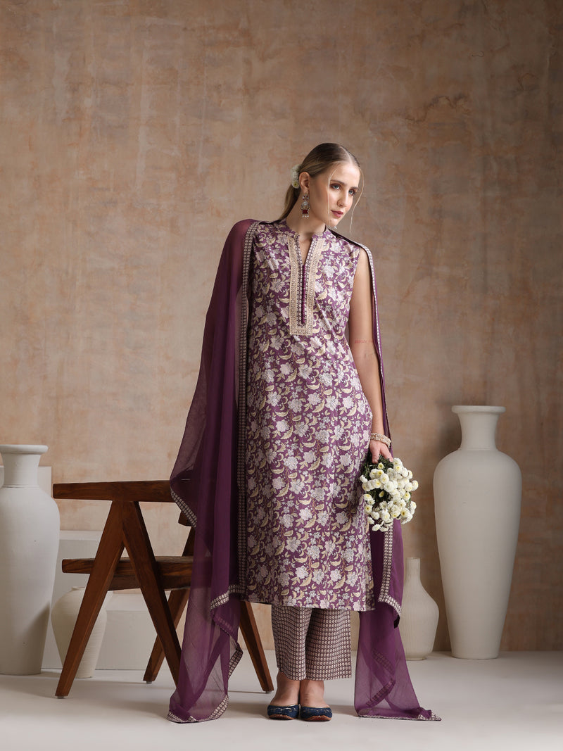 Women Floral Printed Cotton Kurta with Palazzos & Dupatta
