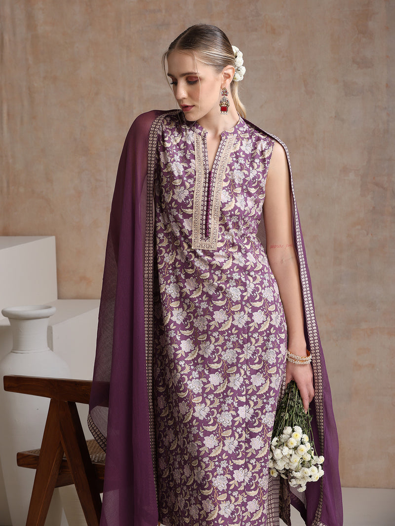 Women Floral Printed Cotton Kurta with Palazzos & Dupatta
