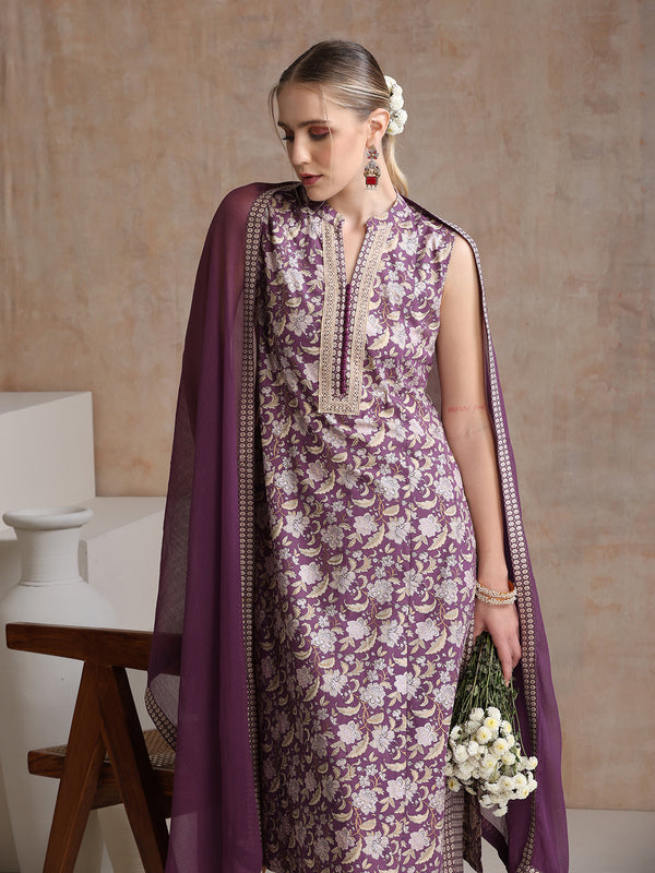 Women Floral Printed Cotton Kurta with Palazzos & Dupatta