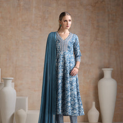 Ethnic Motifs Printed V-Neck Anarkali Pure Cotton Kurta With Trousers & Dupatta