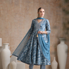 Ethnic Motifs Printed V-Neck Anarkali Pure Cotton Kurta With Trousers & Dupatta