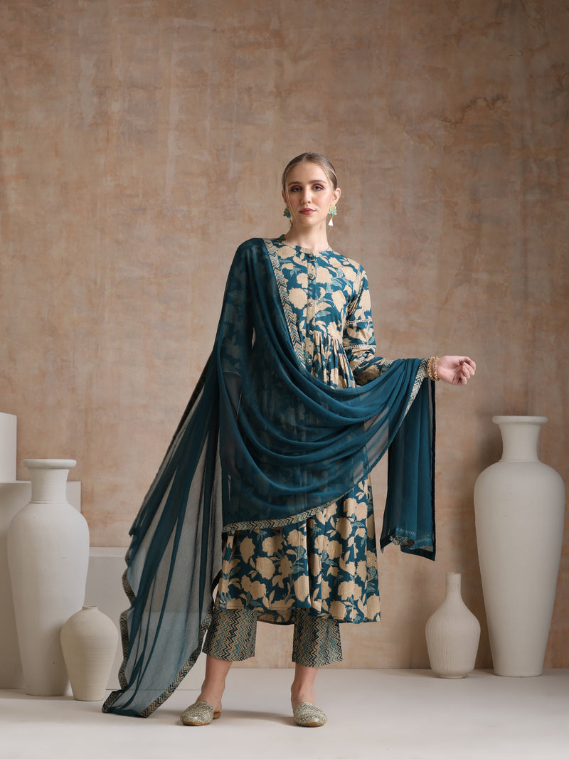 Women Floral Printed Regular Pure Cotton Kurta with Palazzos & With Dupatta