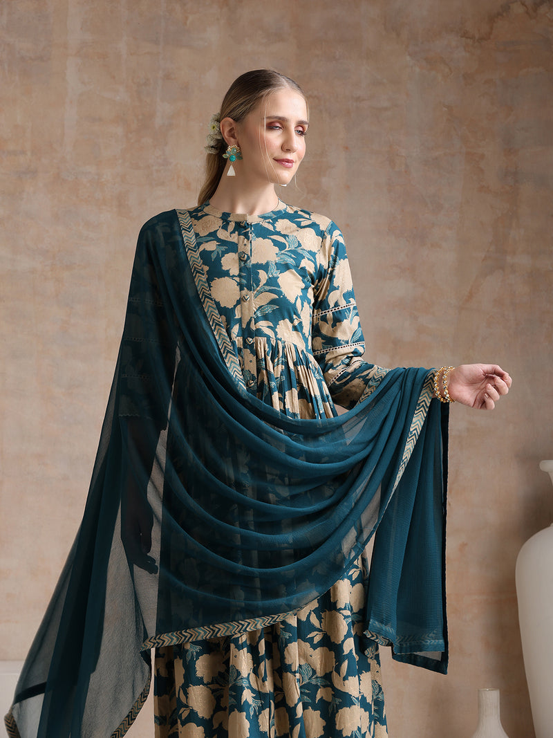Women Floral Printed Regular Pure Cotton Kurta with Palazzos & With Dupatta