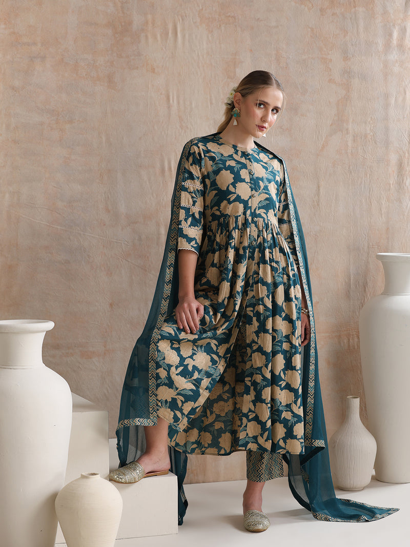 Women Floral Printed Regular Pure Cotton Kurta with Palazzos & With Dupatta