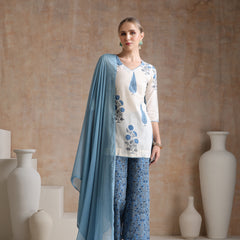 Floral Printed V-Neck Pure Cotton Straight Kurti with Trousers & With Dupatta