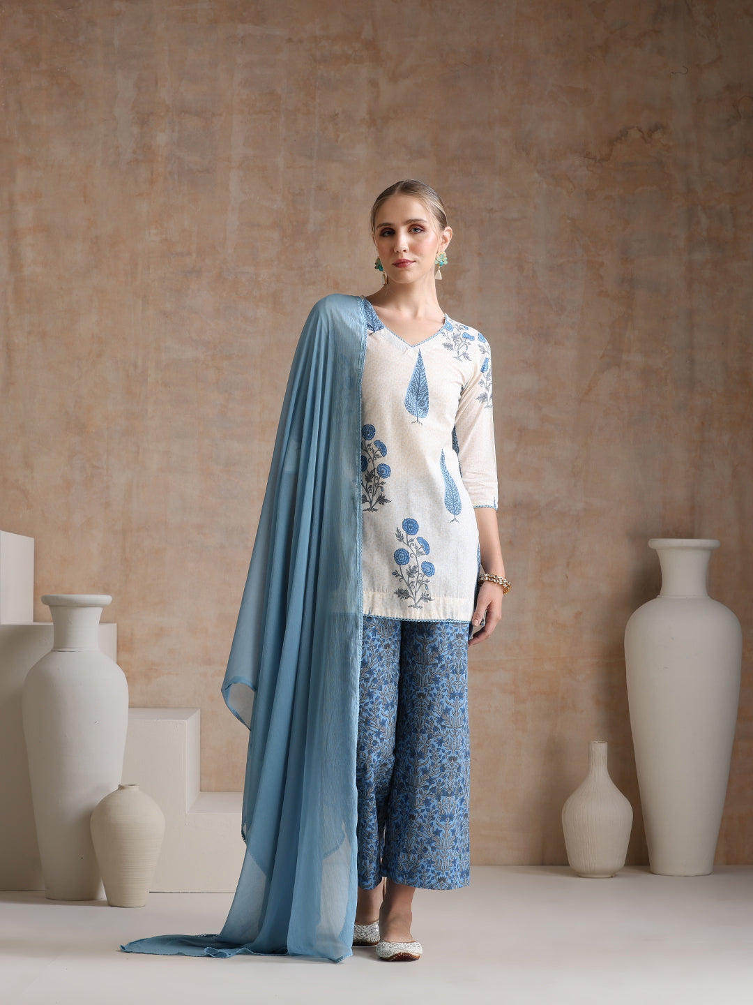 Floral Printed V-Neck Pure Cotton Straight Kurti with Trousers & With Dupatta