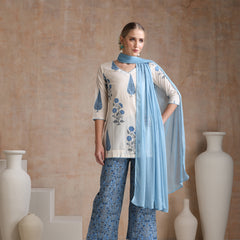 Floral Printed V-Neck Pure Cotton Straight Kurti with Trousers & With Dupatta
