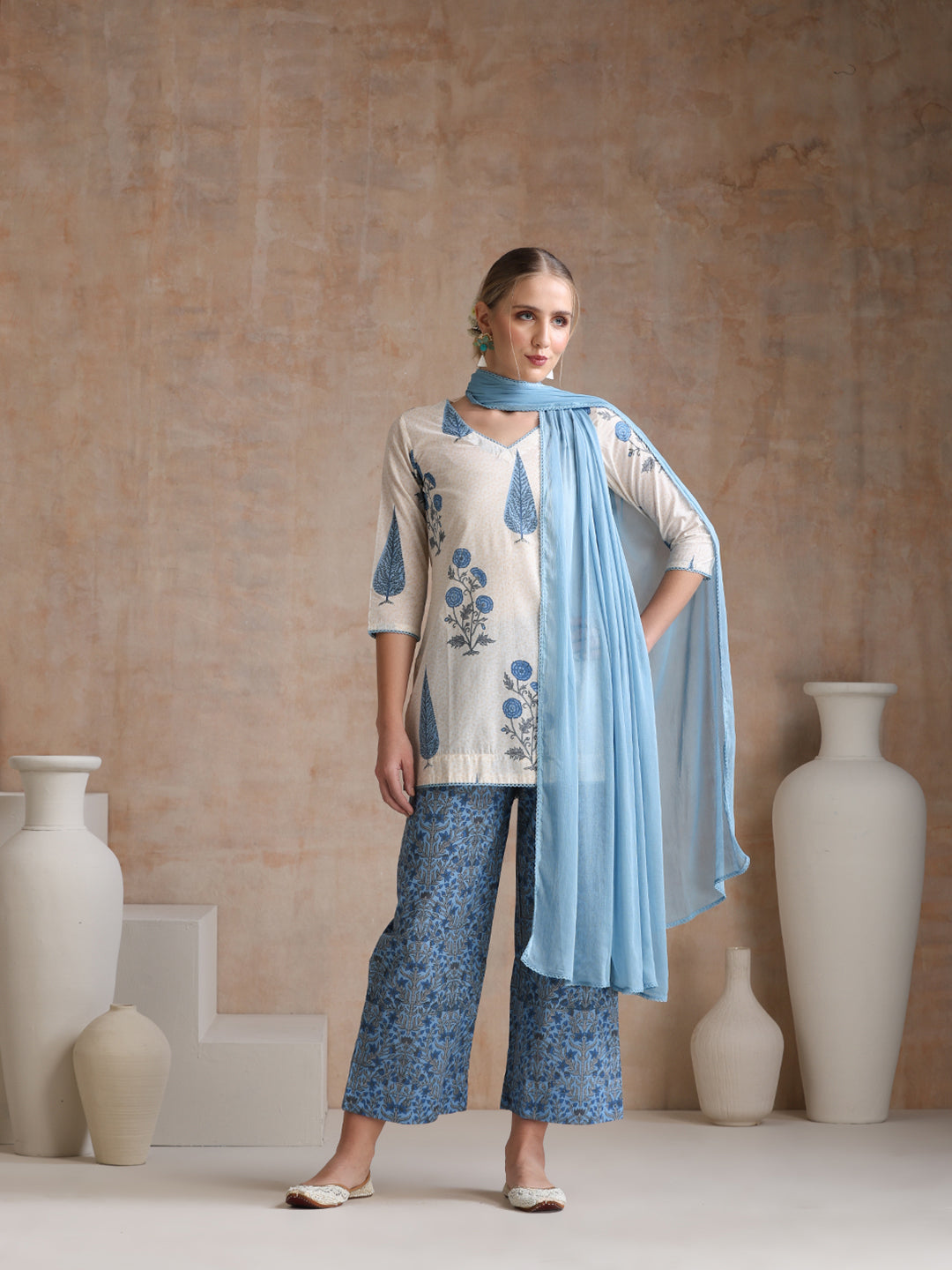 Floral Printed V-Neck Pure Cotton Straight Kurti with Trousers & With Dupatta