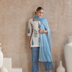 Floral Printed V-Neck Pure Cotton Straight Kurti with Trousers & With Dupatta