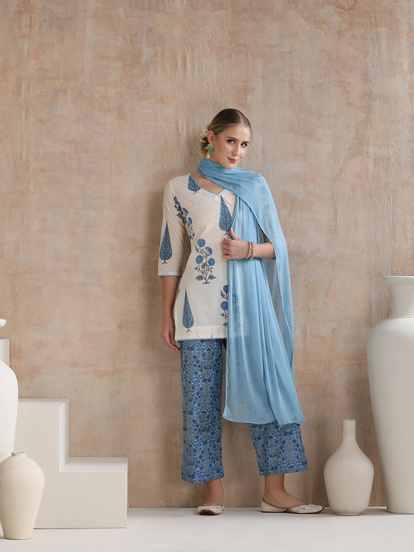 Floral Printed V-Neck Pure Cotton Straight Kurti with Trousers & With Dupatta