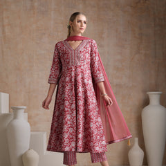 Floral Printed V Neck A Line Pure Cotton Kurta With Trousers & Dupatta
