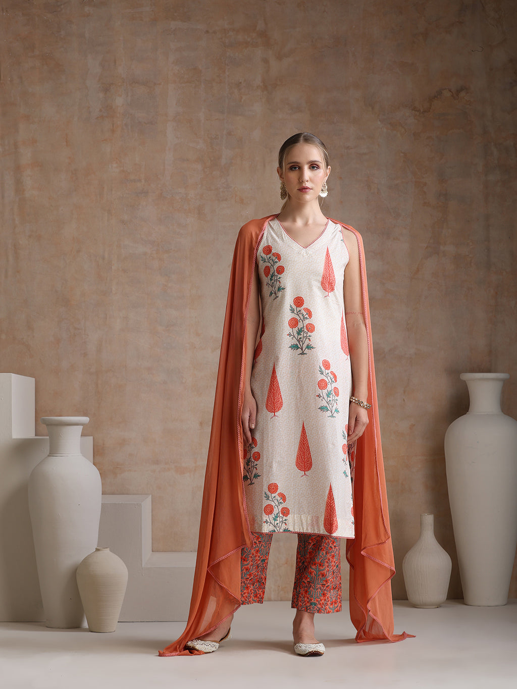 Floral Printed Pure Cotton Straight Kurta with Palazzos & With Dupatta