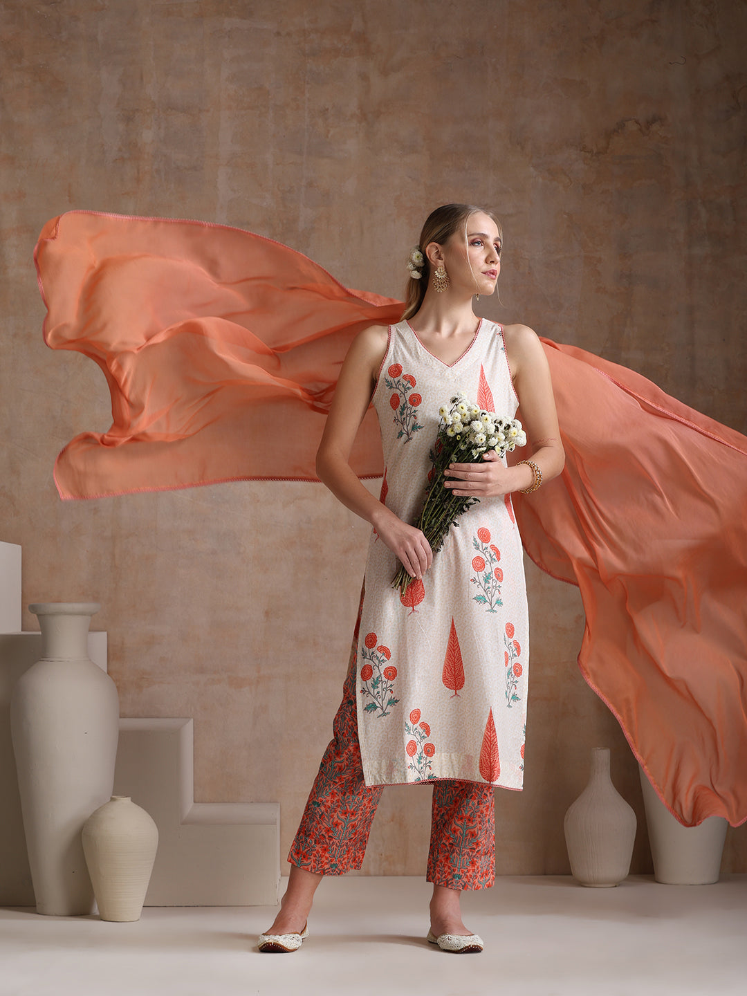 Floral Printed Pure Cotton Straight Kurta with Palazzos & With Dupatta