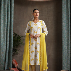 Floral Printed Pure Cotton Straight Kurta With Palazzos And Dupatta