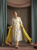 Floral Printed Pure Cotton Straight Kurta With Palazzos And Dupatta