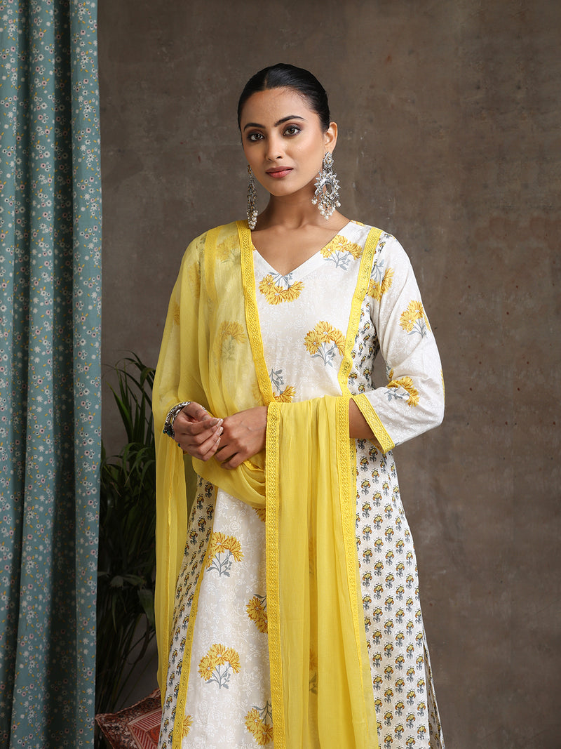 Floral Printed Pure Cotton Straight Kurta With Palazzos And Dupatta
