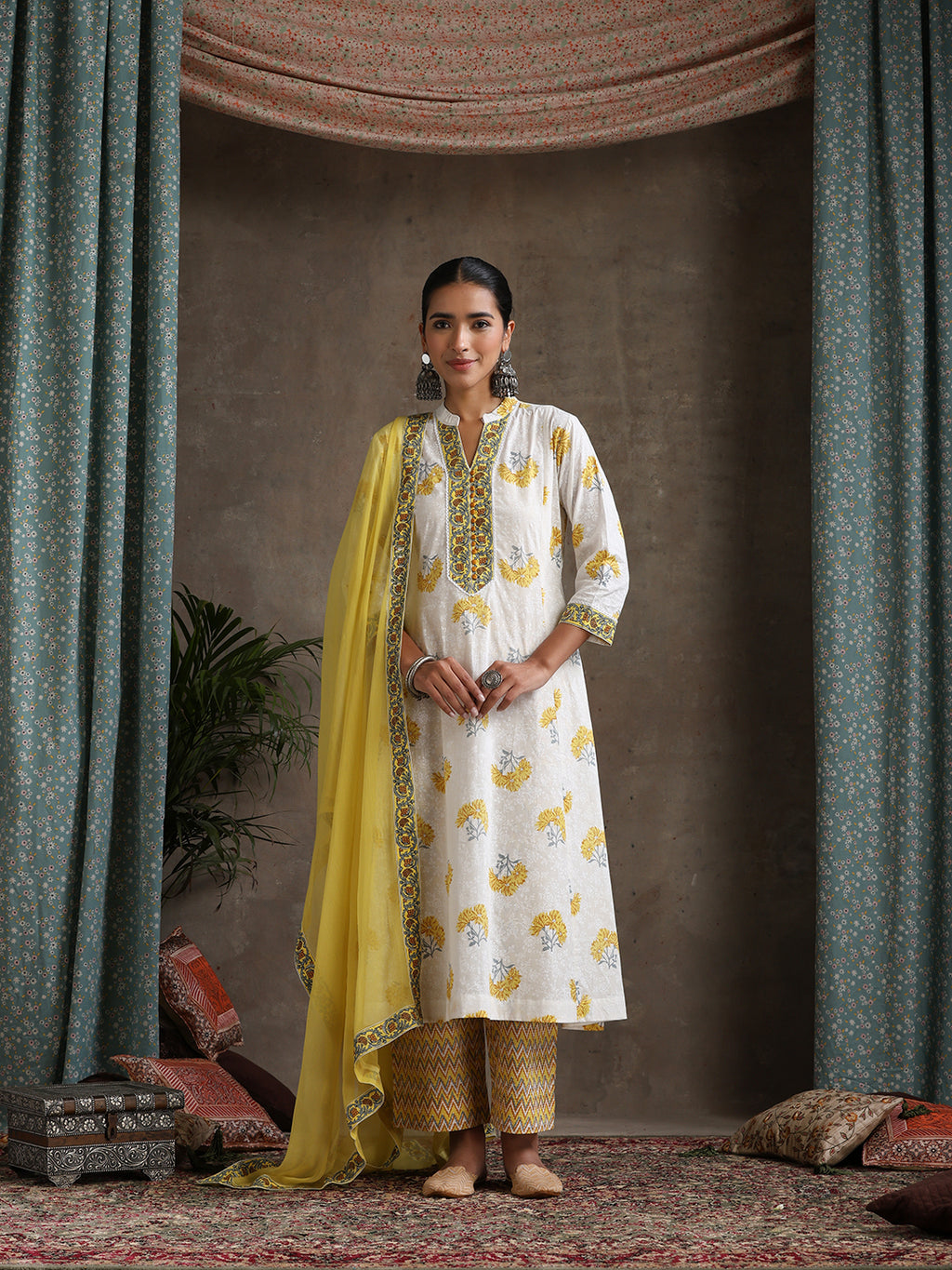 Floral Printed Pure Cotton Straight Kurta With Palazzos And Dupatta