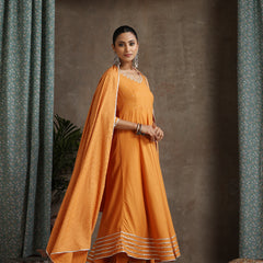 Floral Embroidered V-Neck Thread Work A-Line Kurta With Trousers And Dupatta