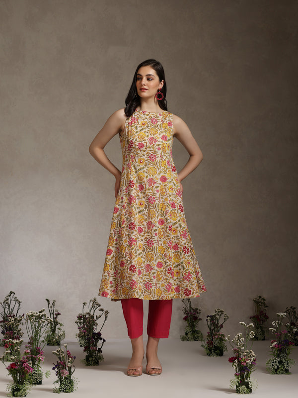 Khushal K Women Floral Printed A-Line Pure Cotton Kurta set