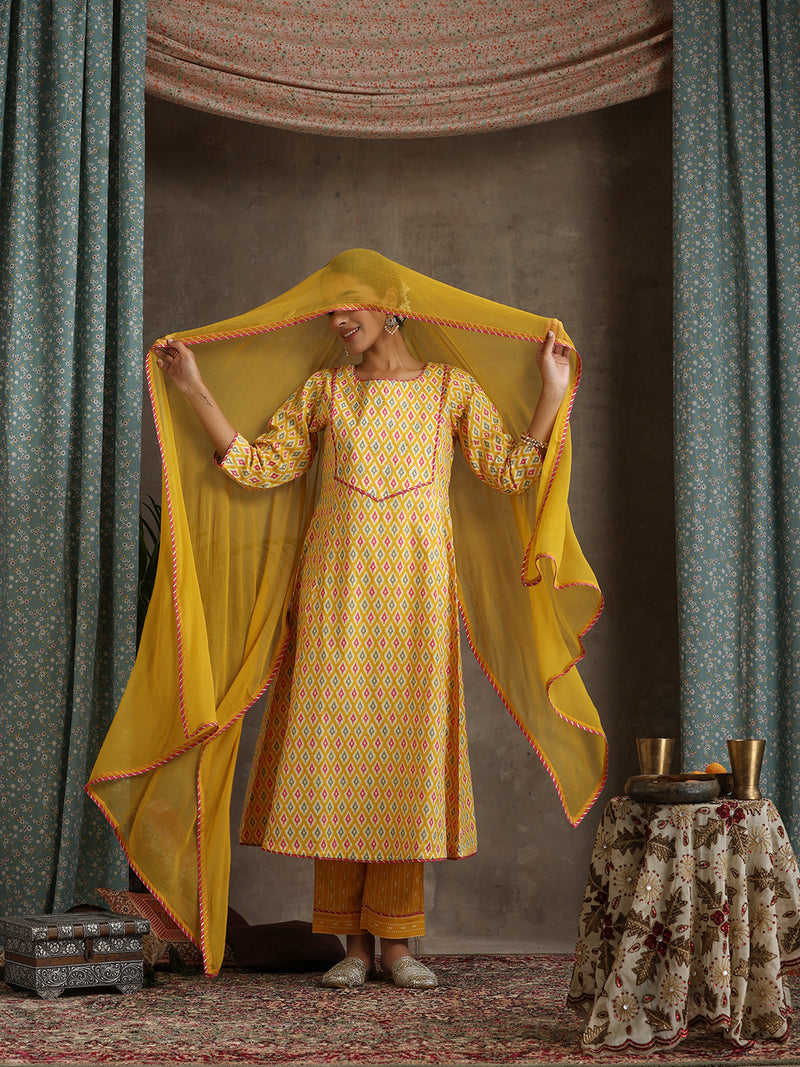 Khushal K Women Geometric Printed Cotton A-Line Kurta set