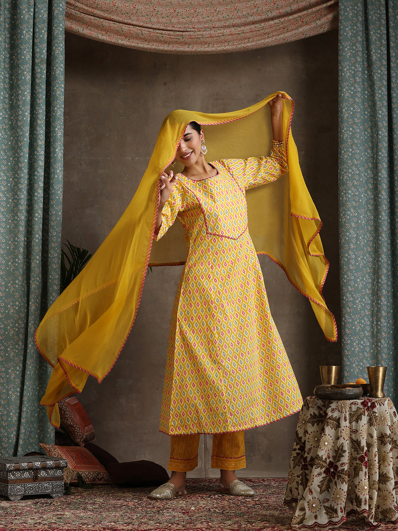Khushal K Women Geometric Printed Cotton A-Line Kurta set