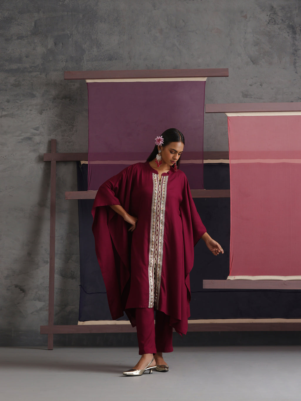 Khushal K Women Mandarin collar Maroon Kaftan set