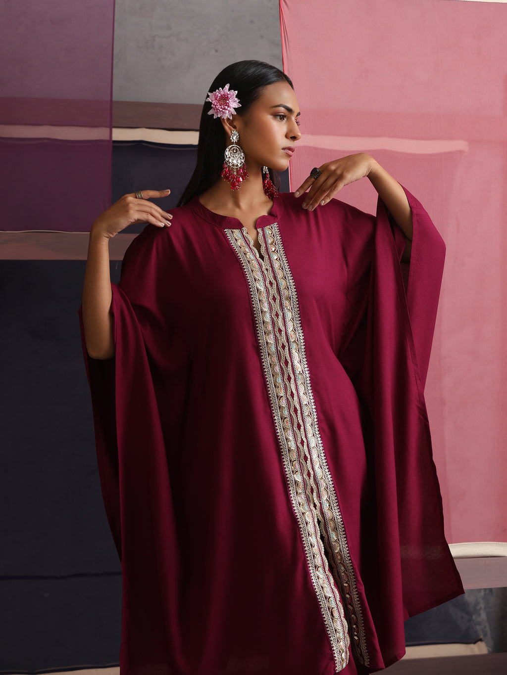 Khushal K Women Mandarin collar Maroon Kaftan set