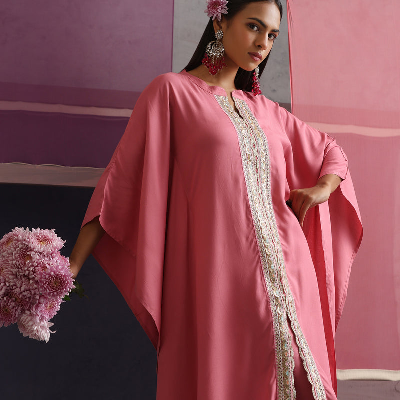 Women Mandarin Collar Pink Kaftan Set - Khushal K - Image 8