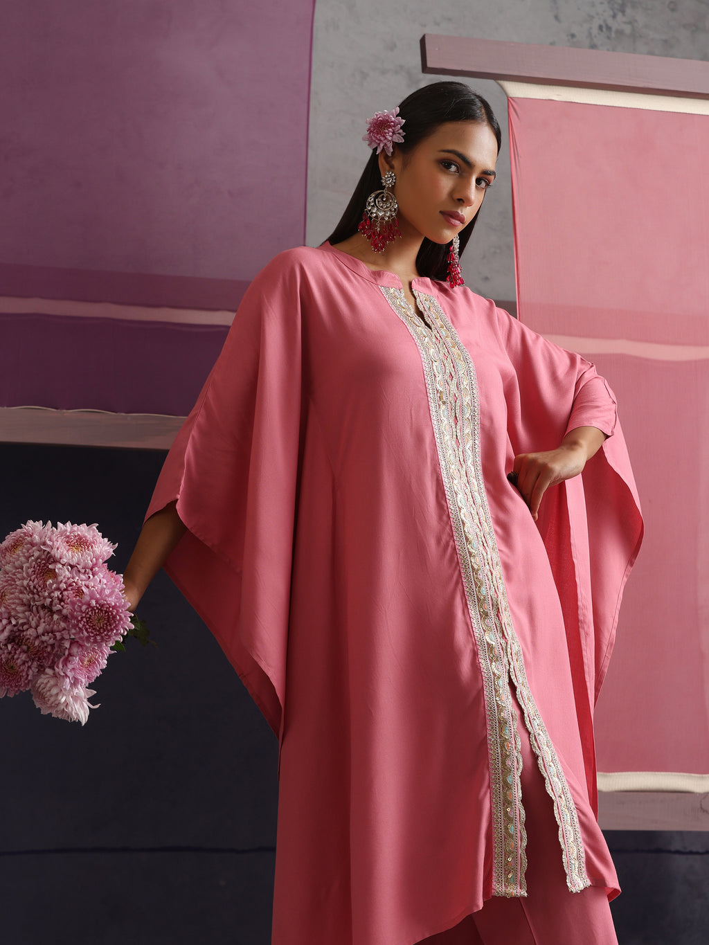 Khushal K Women Mandarin collar Pink Kaftan set